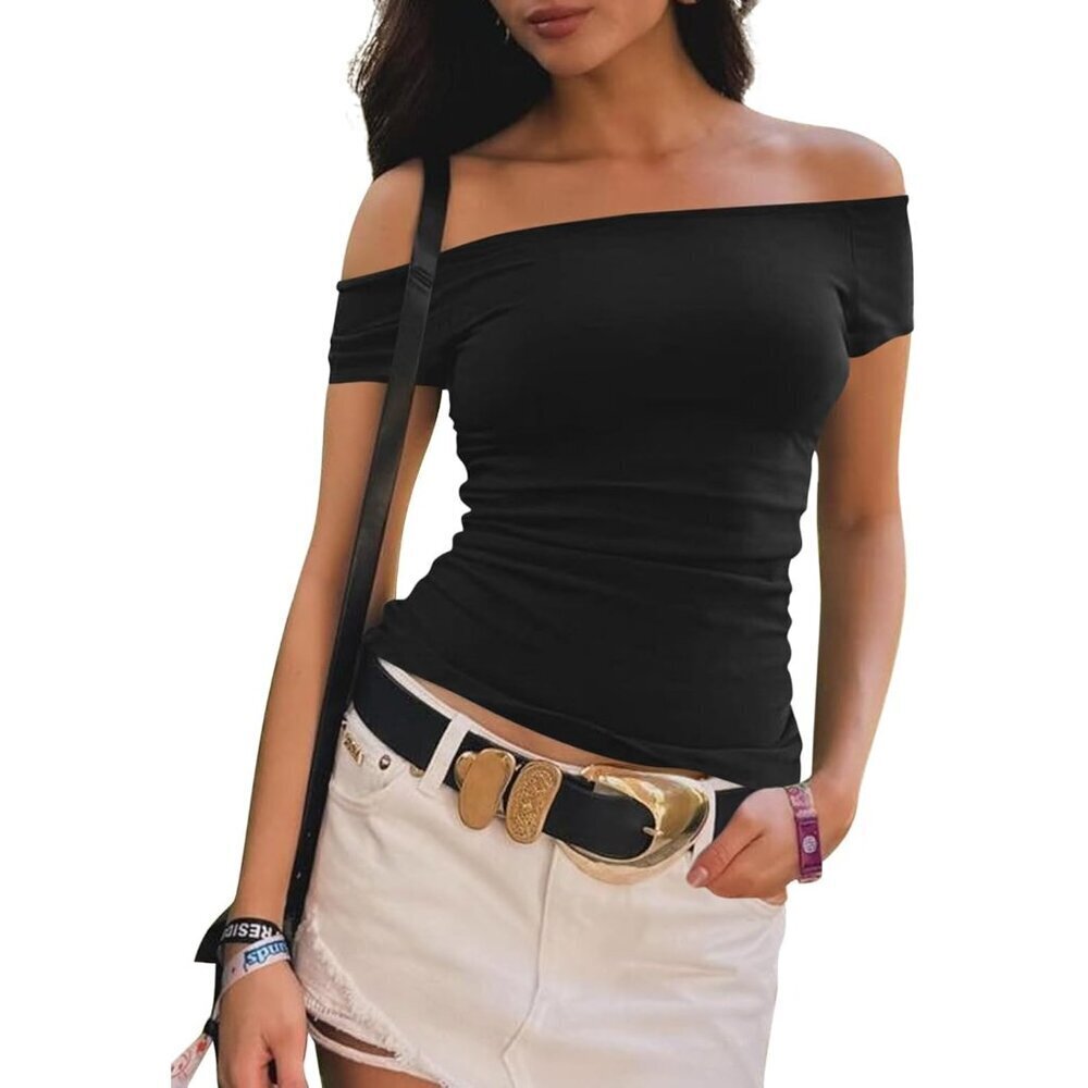 Women's Off Shoulder Tops Short Sleeve Crop Top Summer Casual Slim Fit